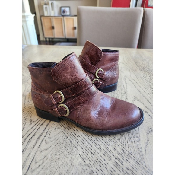 Born Boots Booties Womens Size 6.5 M Brown Leather Zip 2 Buckle Ankle Boots - Picture 2 of 10